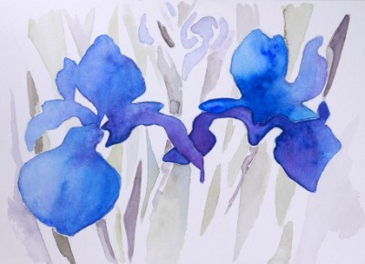 Aquarellbild zweier abstrakter  Irisblüten in Blautönen